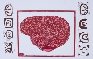 xilogravura em magenta e sépia impressa sobre papel alta alvura 220g que representa a aprendizagem das linguagens representada pelas formas nas laterais do cérebro