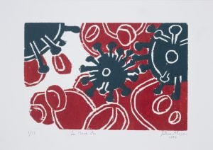 Esta xilogravura colorida realizada em 2016 tinha o objetivo de desenhar as células sanguíneas, ou hemácias e sua disputa pela vida com o aparecimento de outros tipos de células. Mais tarde, observamos a semelhança dos desenhos com a COVID-19