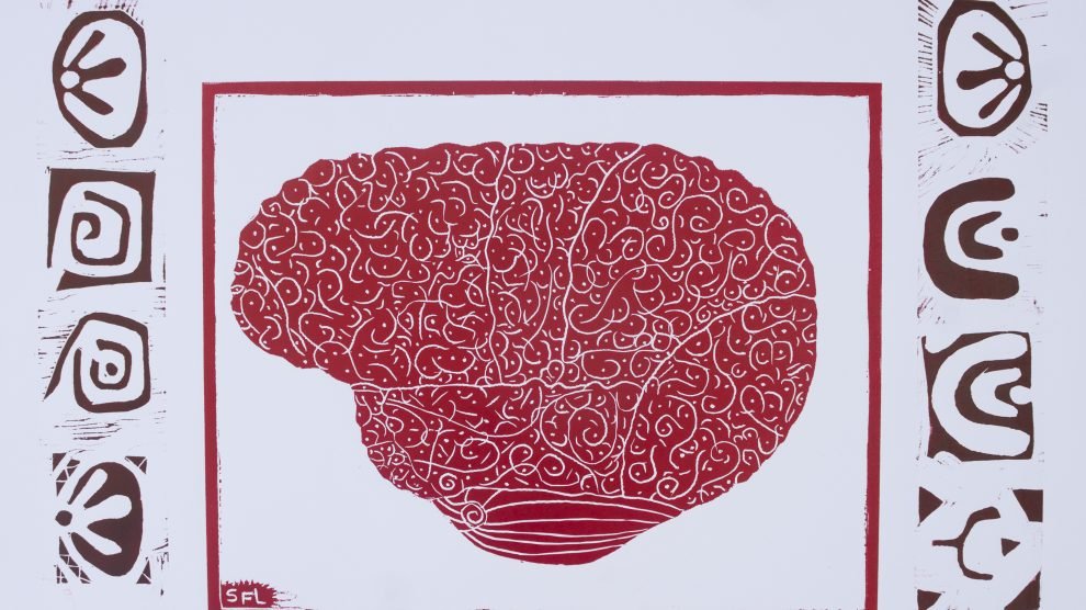 xilogravura em magenta e sépia impressa sobre papel alta alvura 220g que representa a aprendizagem das linguagens representada pelas formas nas laterais do cérebro