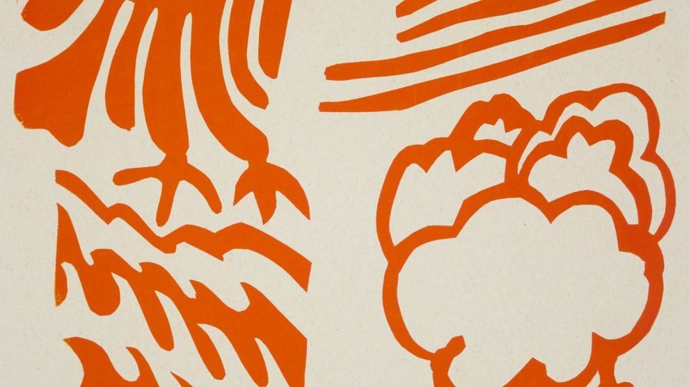 Idealização serigrafia em laranja e vermelho com a imagem do pulmão, uma ave, árvores, ondas, sol e céu