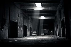 Corredor pouco iluminado e portas e uma cadeira